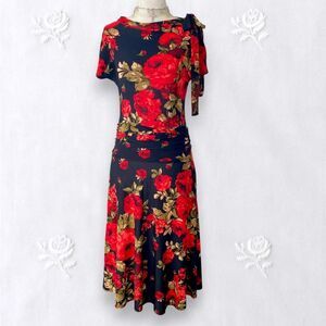 Early 2000's Romantic Goth Black Red Rose Drop Waist Retro Midi Dress Size M